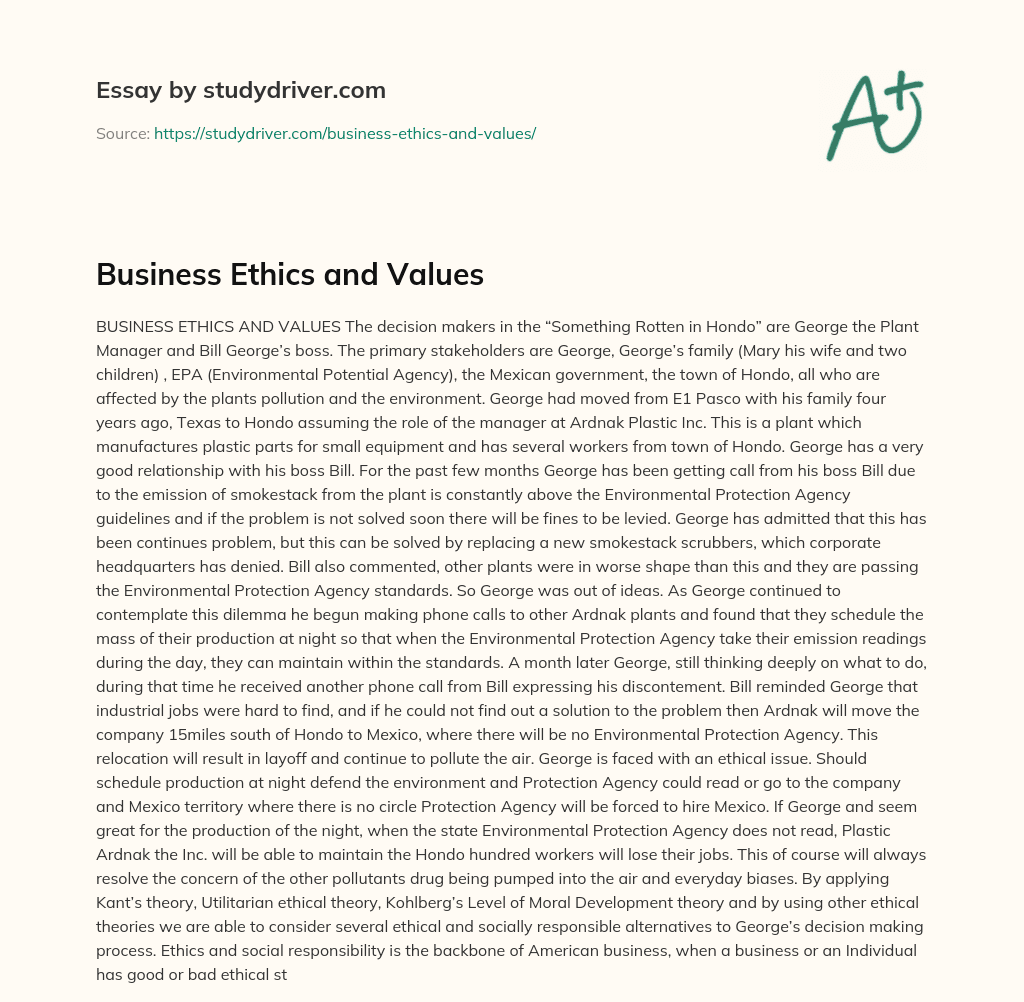 Business Ethics and Values essay