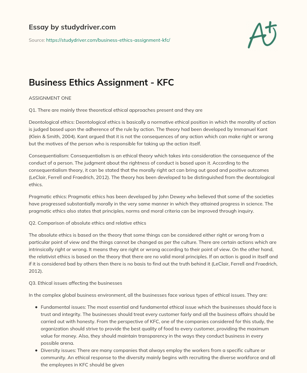 Business Ethics Assignment – KFC essay