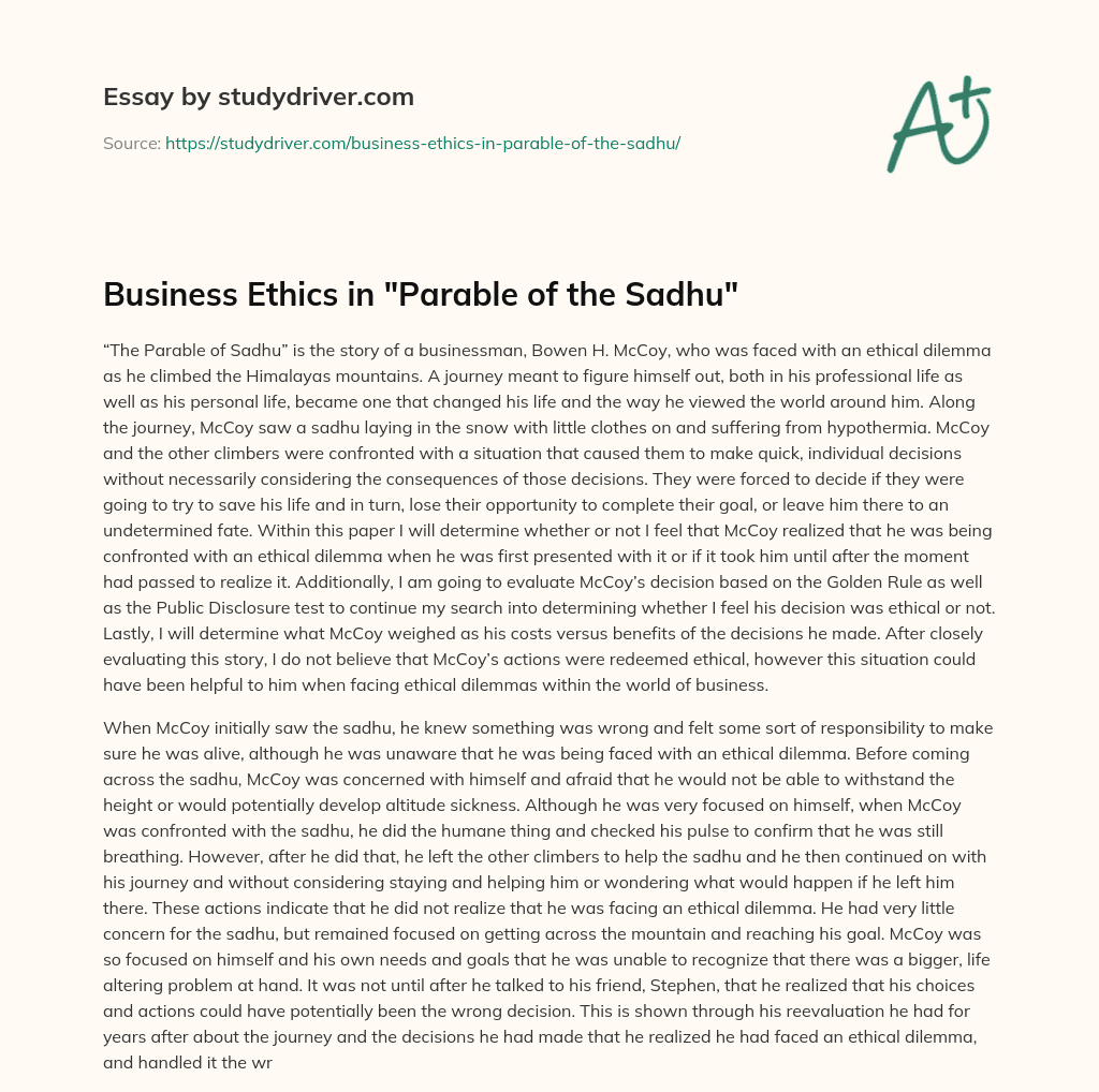 Business Ethics in “Parable of the Sadhu” essay