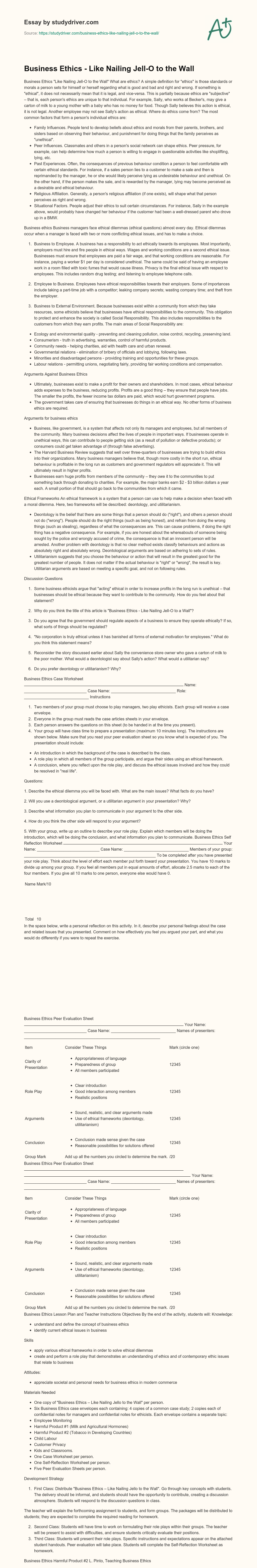 Business Ethics – Like Nailing Jell-O to the Wall essay