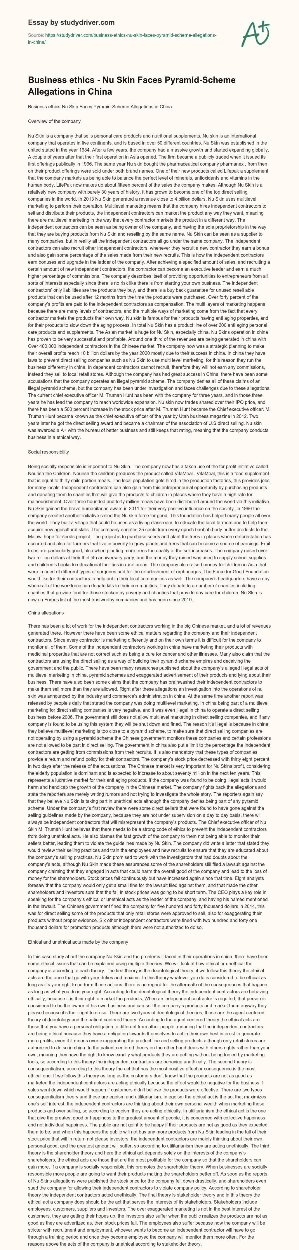 Business Ethics – Nu Skin Faces Pyramid-Scheme Allegations in China essay