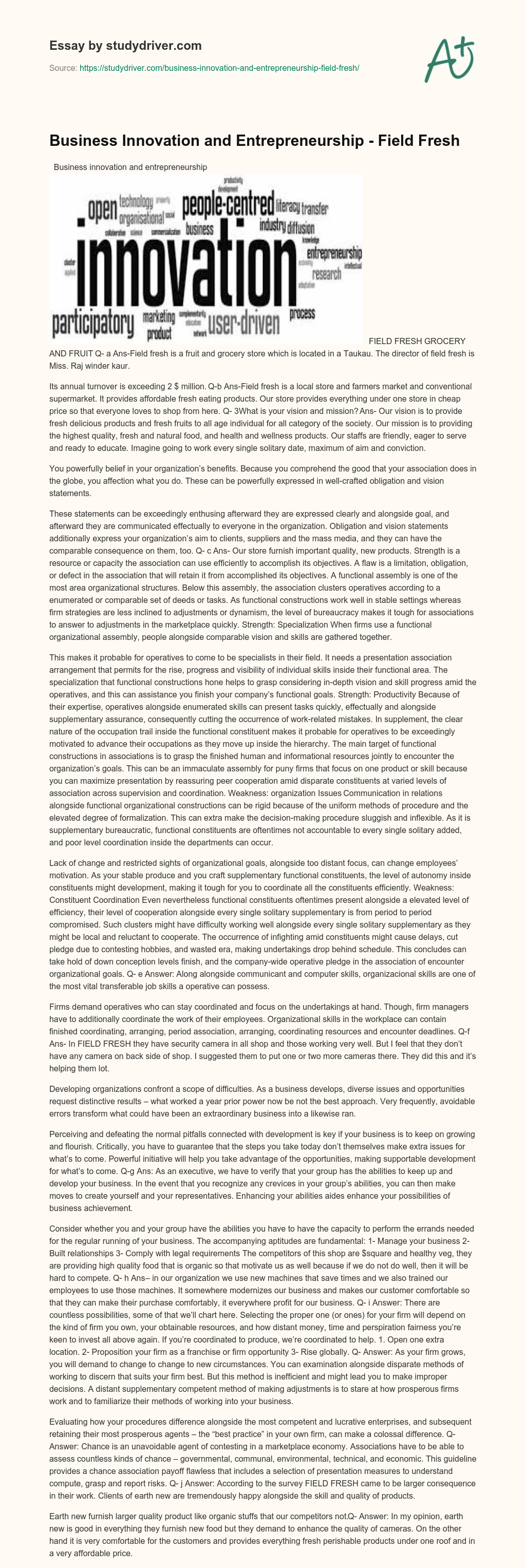 Business Innovation and Entrepreneurship – Field Fresh essay