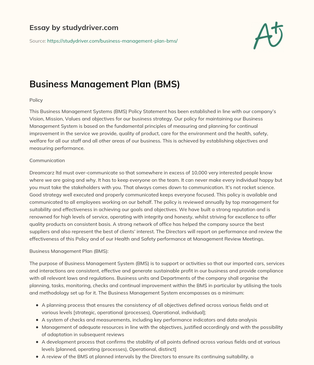 Business Management Plan (BMS) essay