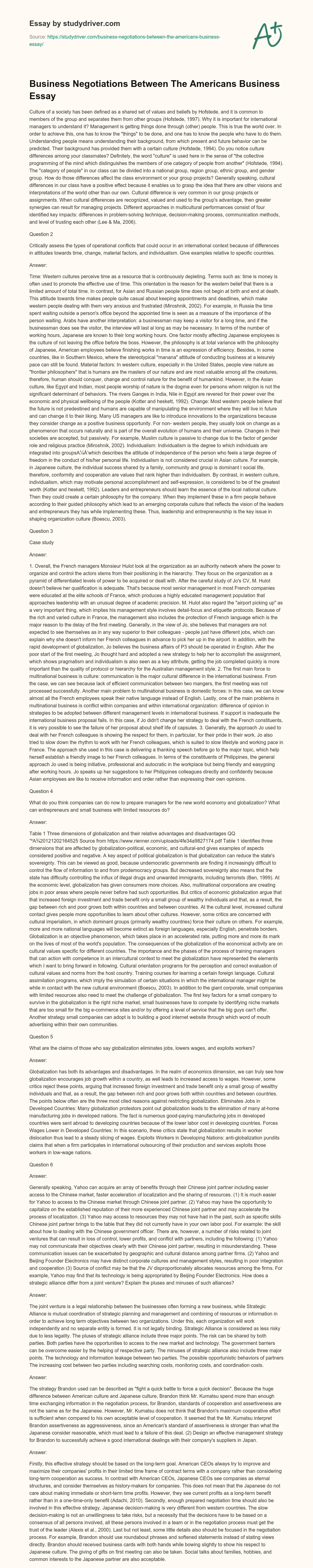 Business Negotiations between the Americans Business Essay essay