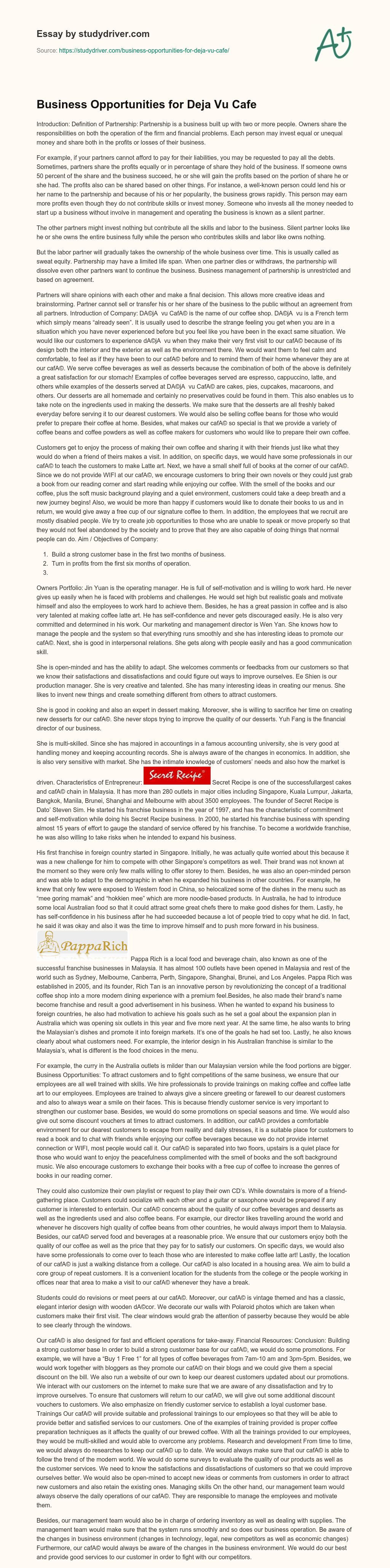 Business Opportunities for Deja Vu Cafe essay
