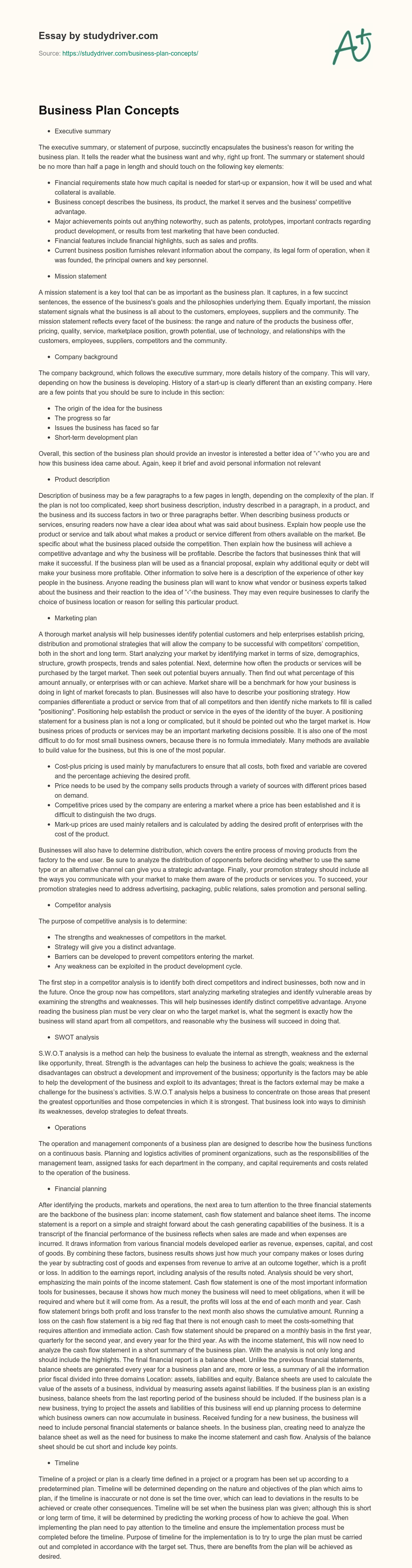 Business Plan Concepts essay