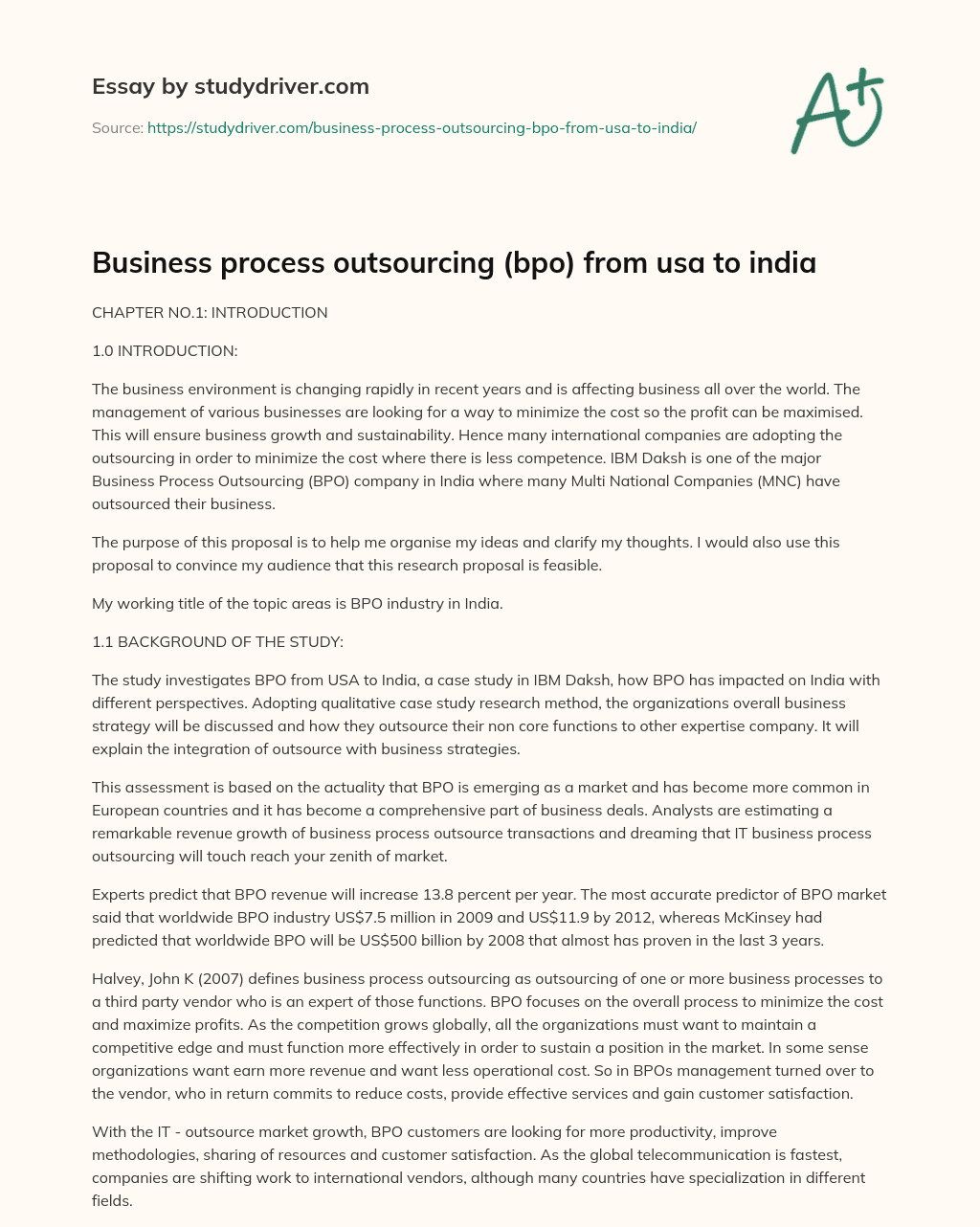 Business Process Outsourcing (bpo) from Usa to India essay