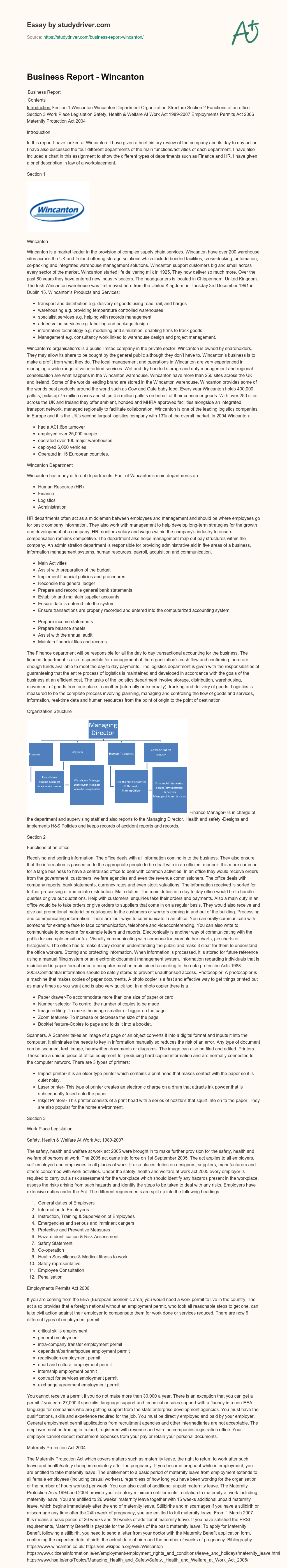 Business Report – Wincanton essay