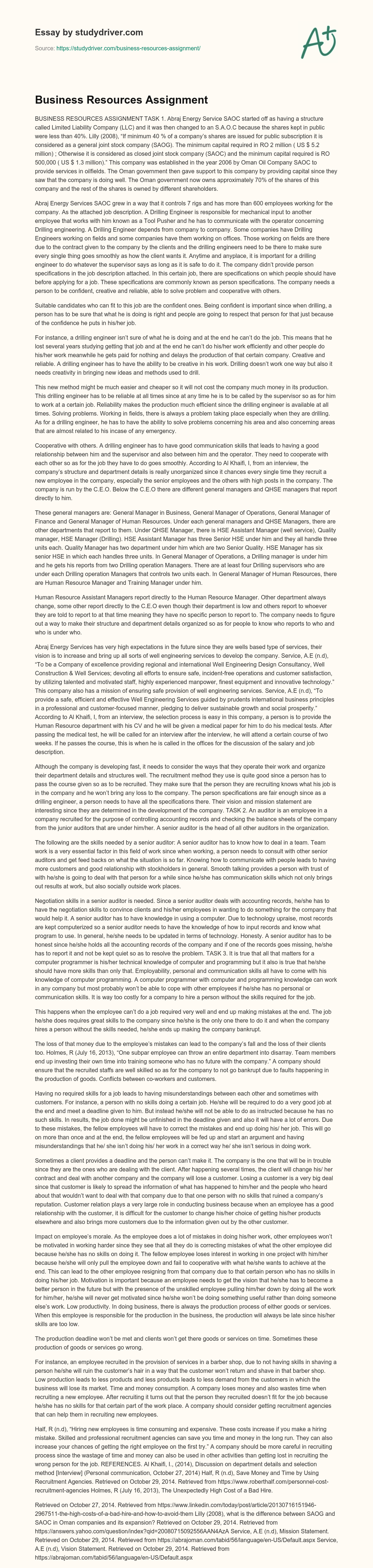 Business Resources Assignment essay