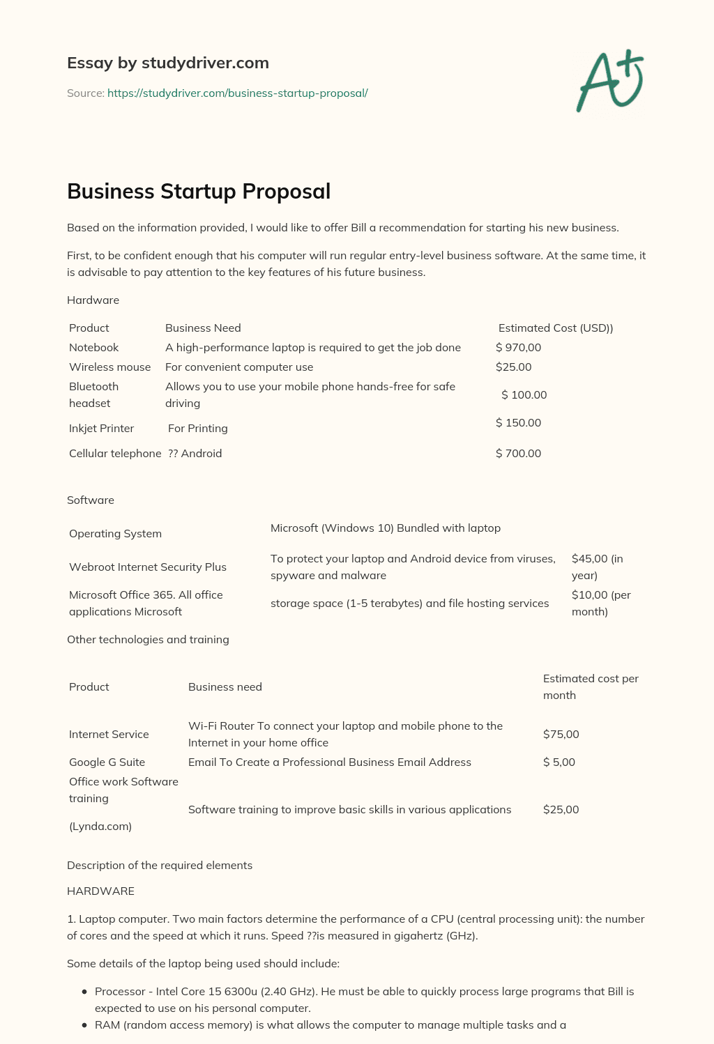 Business Startup Proposal essay