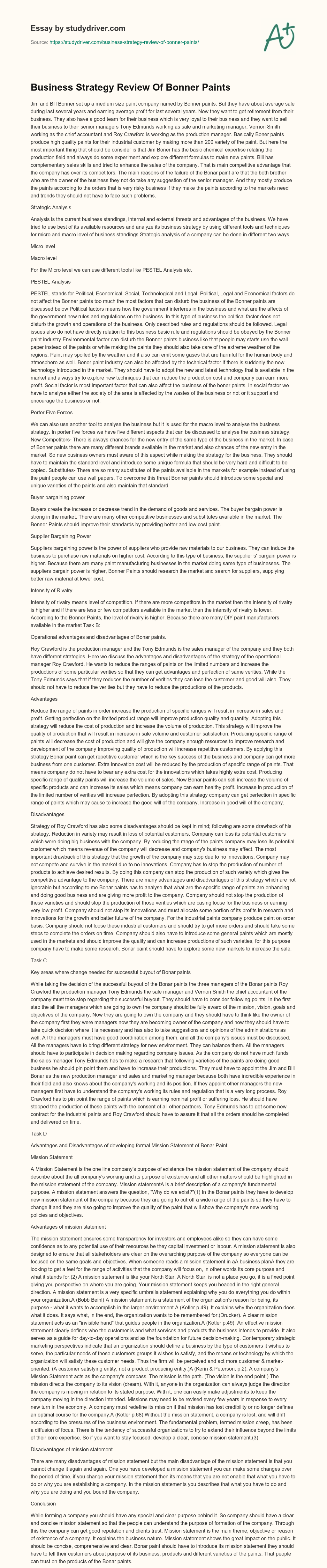 Business Strategy Review of Bonner Paints essay