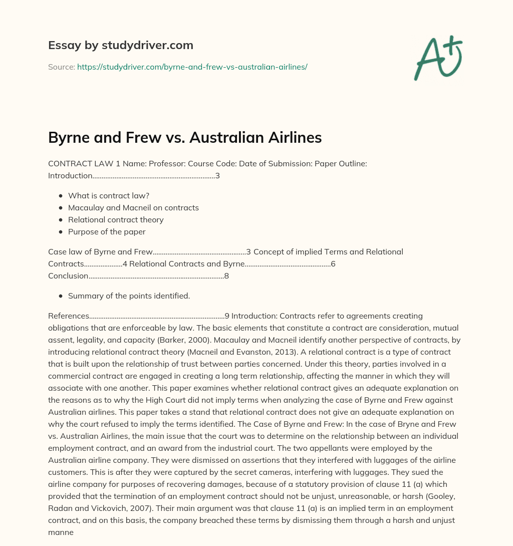 Byrne and Frew Vs. Australian Airlines essay