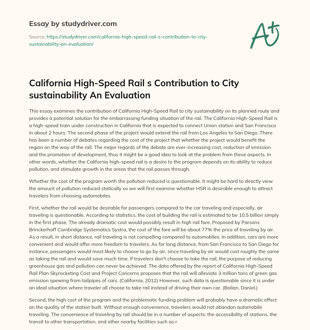 California High-Speed Rail S Contribution to City Sustainability an Evaluation essay