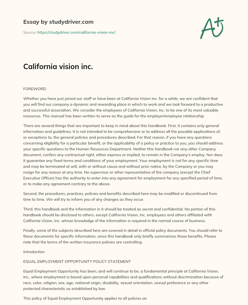 California Vision Inc. essay
