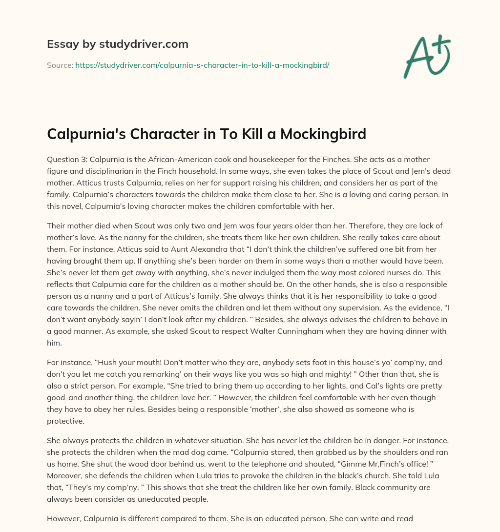 Calpurnia’s Character in to Kill a Mockingbird essay
