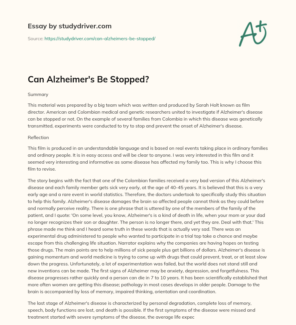 Can Alzheimer’s be Stopped? essay