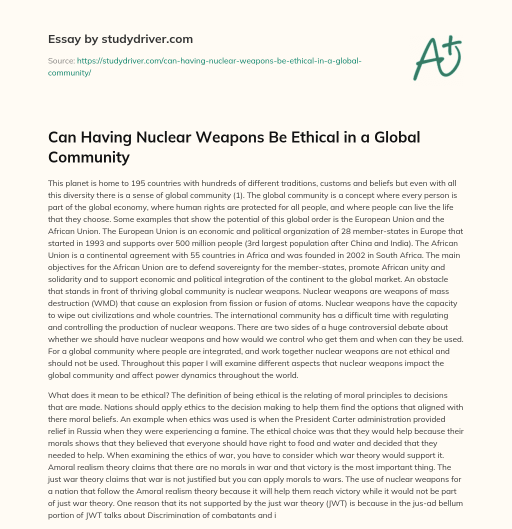Can having Nuclear Weapons be Ethical in a Global Community essay