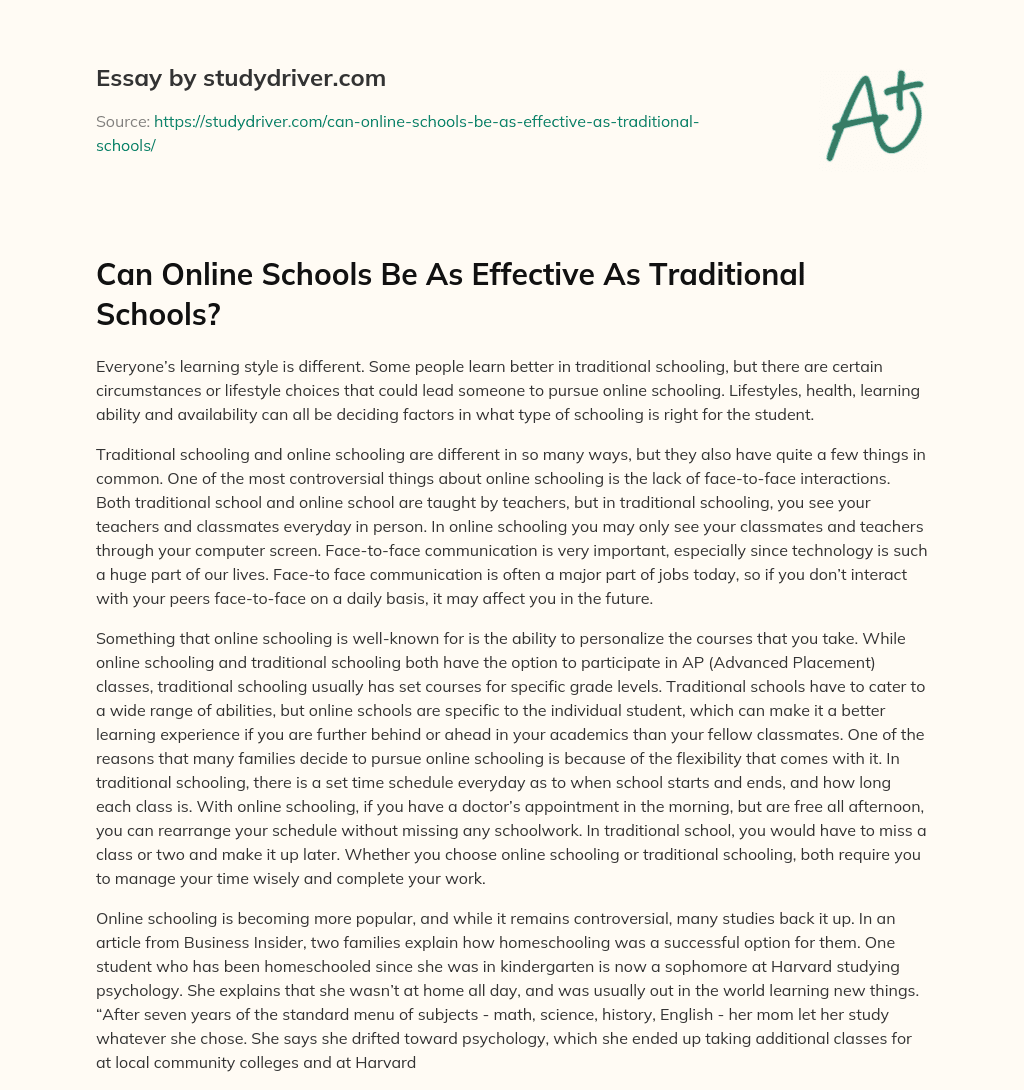 Can Online Schools be as Effective as Traditional Schools? essay