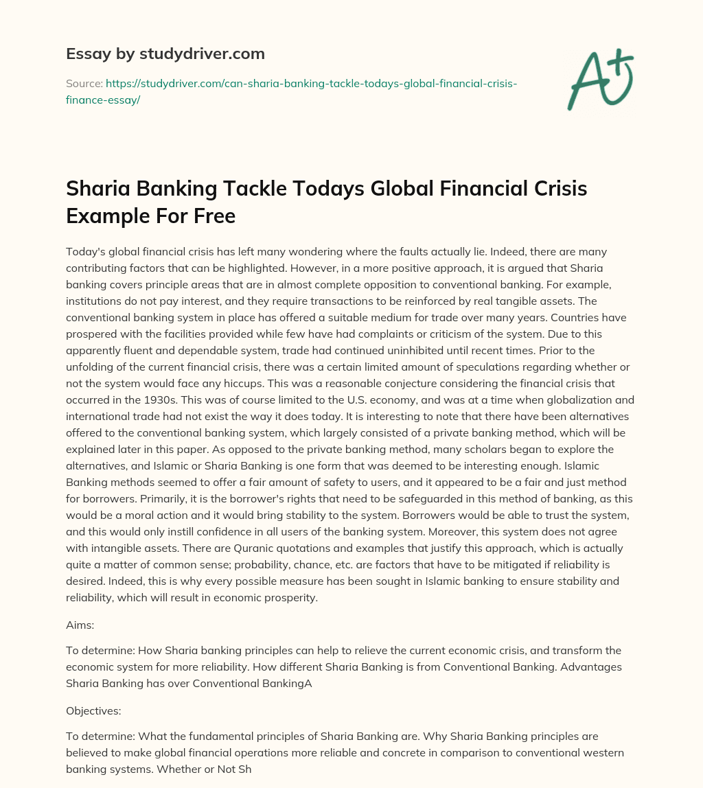 Sharia Banking Tackle Todays Global Financial Crisis Example for Free essay