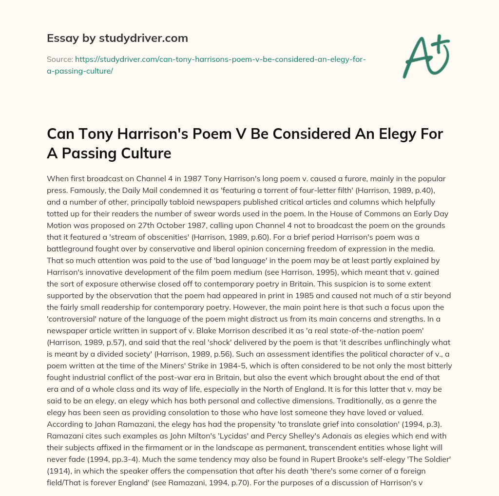 Can Tony Harrison’s Poem V be Considered an Elegy for a Passing Culture essay