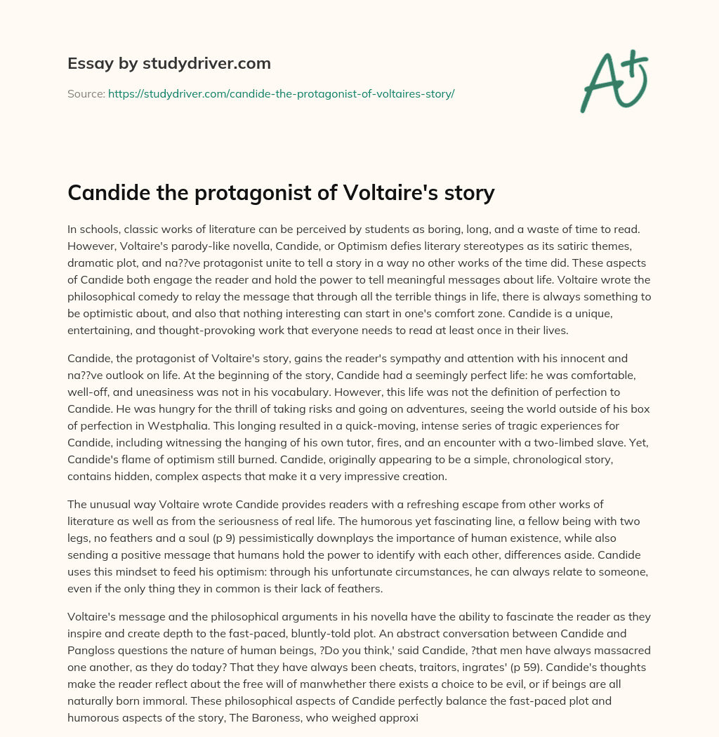Candide the Protagonist of Voltaire’s Story essay