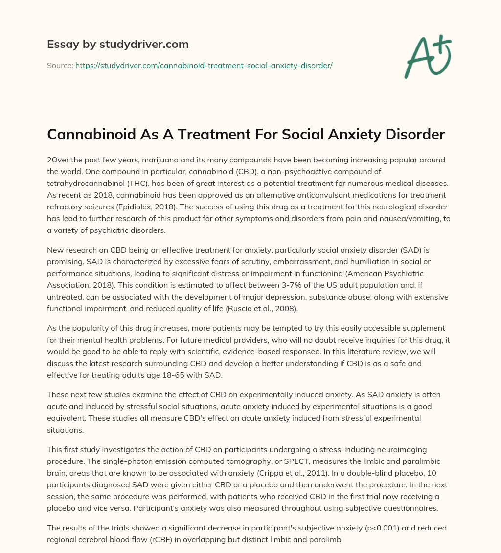Cannabinoid as a Treatment for Social Anxiety Disorder essay