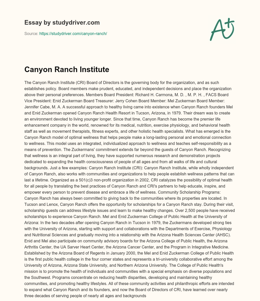 Canyon Ranch  Institute essay