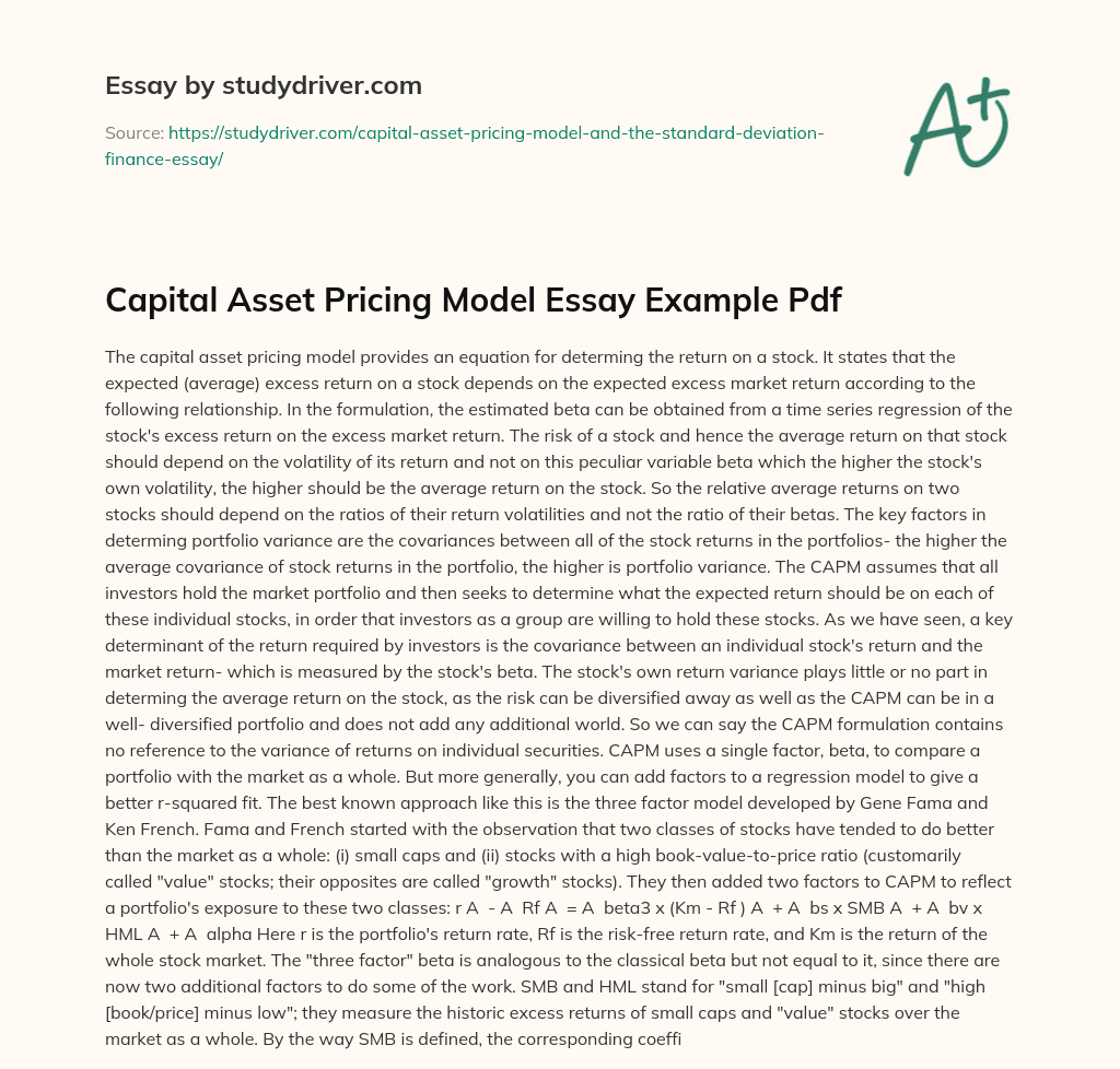 Capital Asset Pricing Model Essay Example Pdf essay