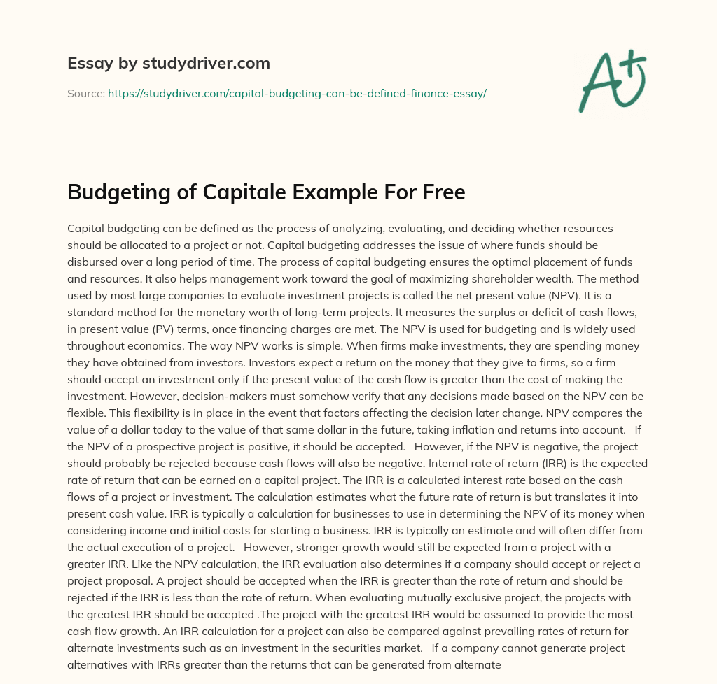 Budgeting of Capitale Example for Free essay