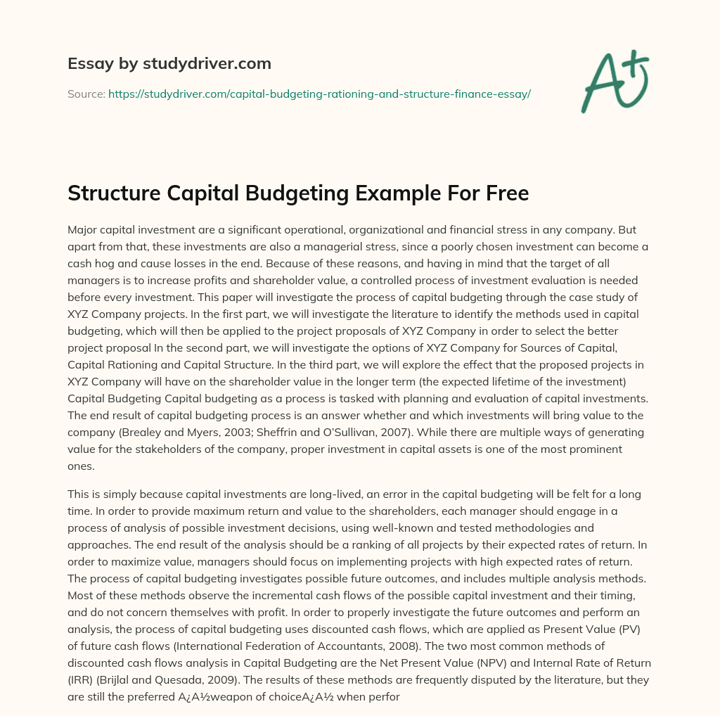Structure Capital Budgeting Example for Free essay