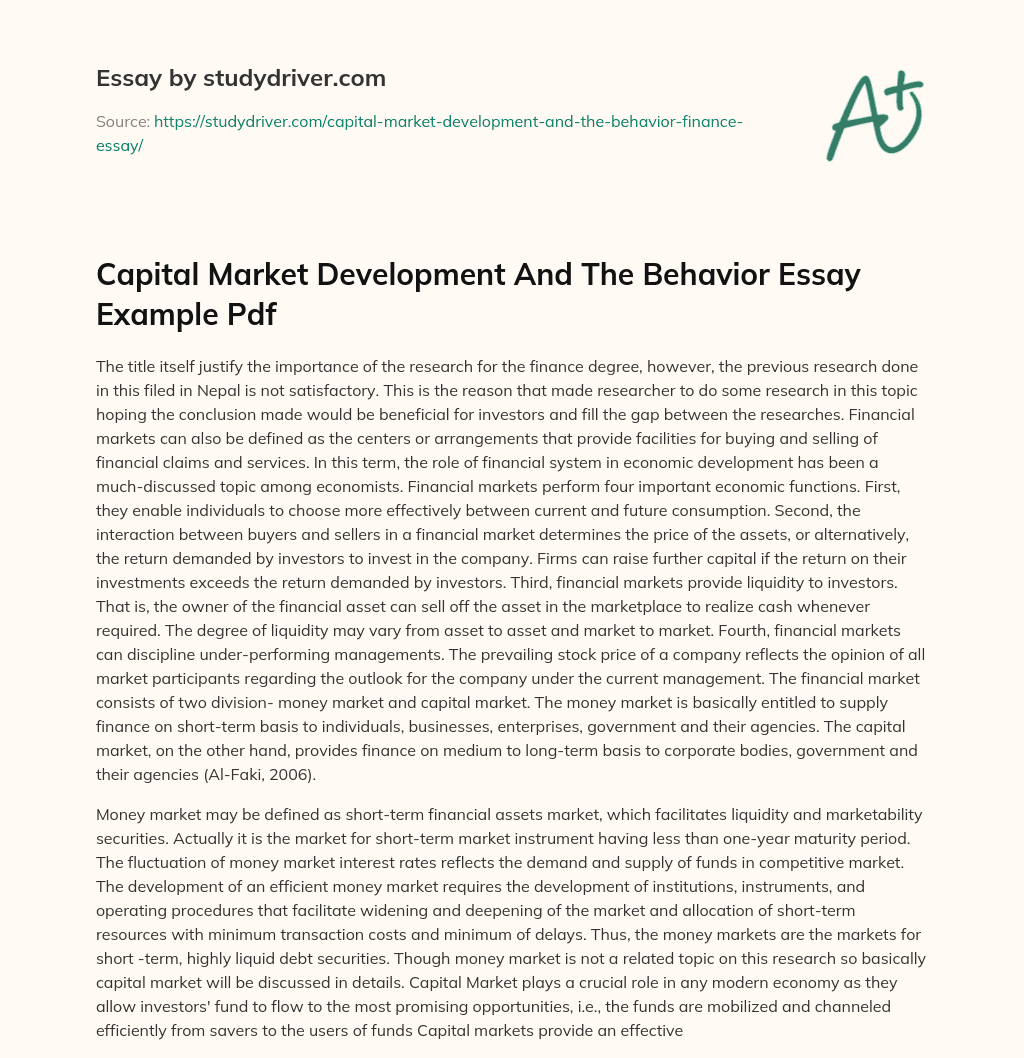Capital Market Development and the Behavior Essay Example Pdf essay