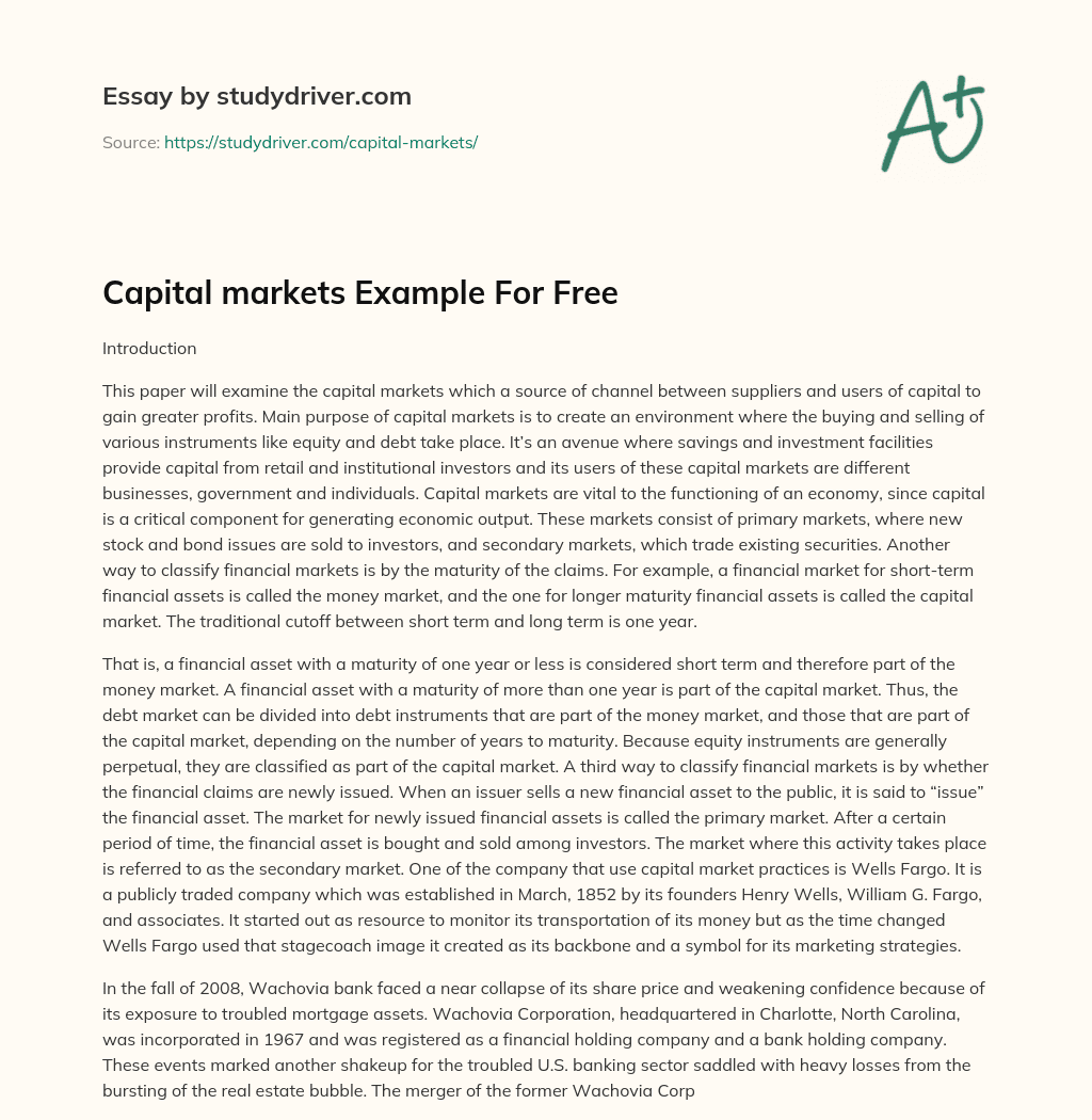 Capital Markets Example for Free essay