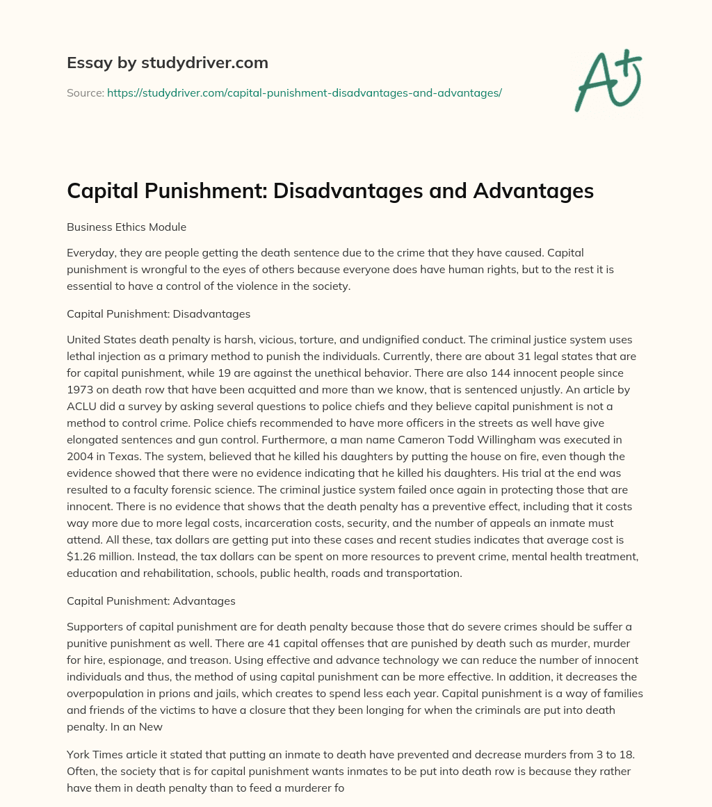 Capital Punishment: Disadvantages and Advantages essay