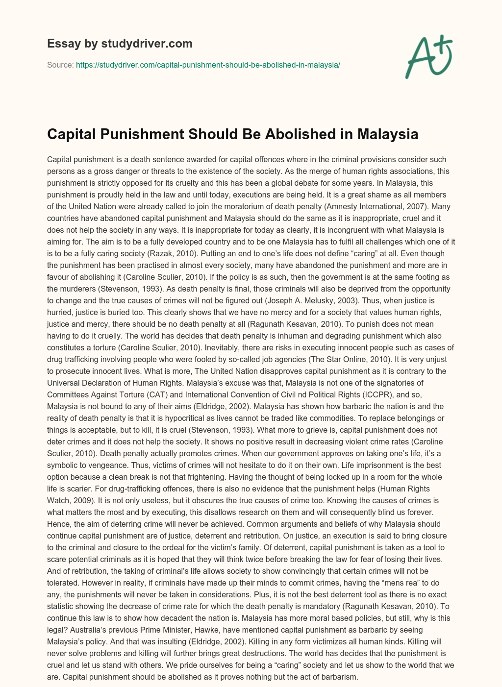 Capital Punishment should be Abolished in Malaysia essay