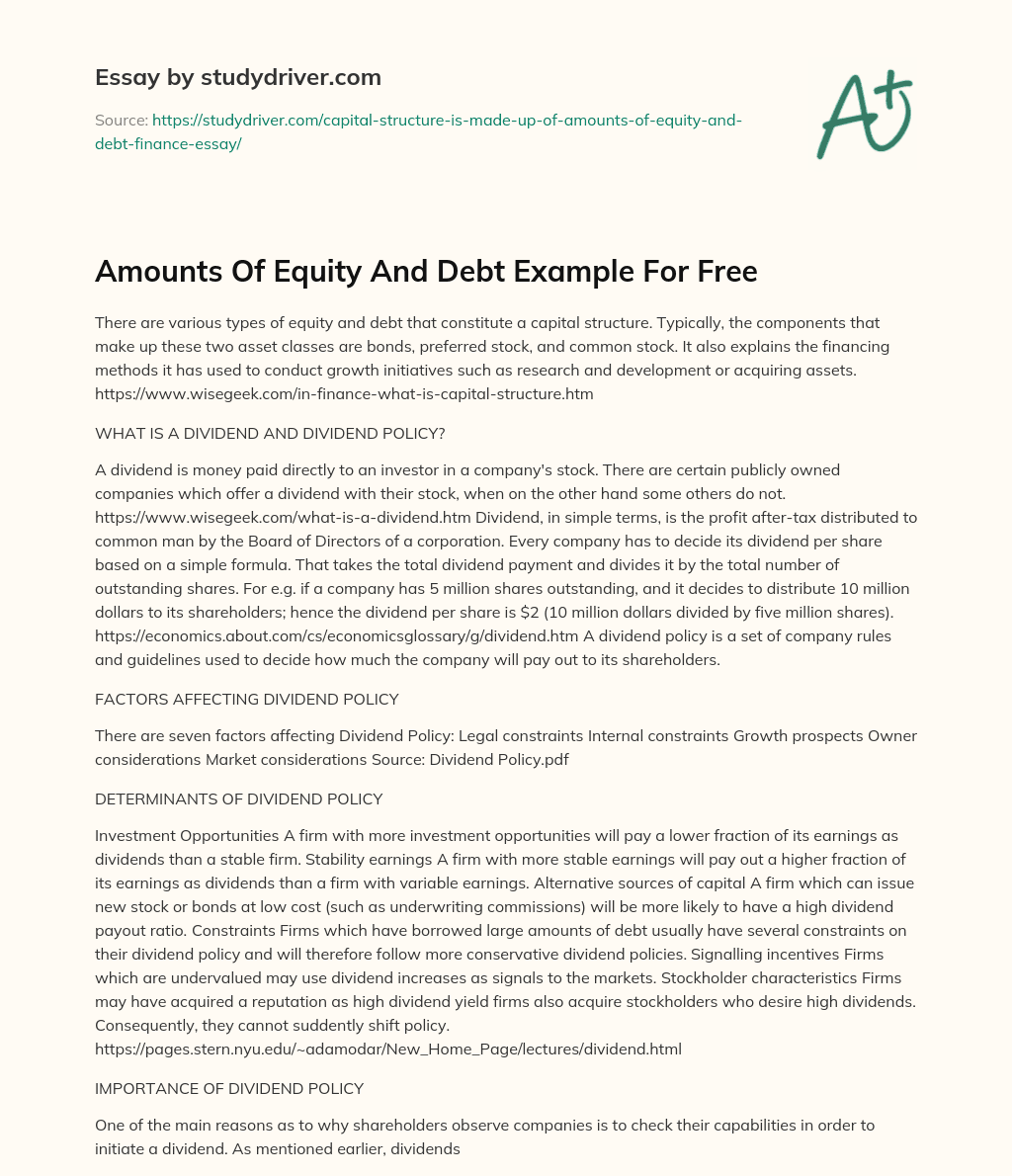 Amounts of Equity and Debt Example for Free essay