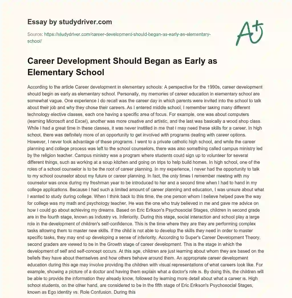 Career Development should Began as Early as Elementary School essay