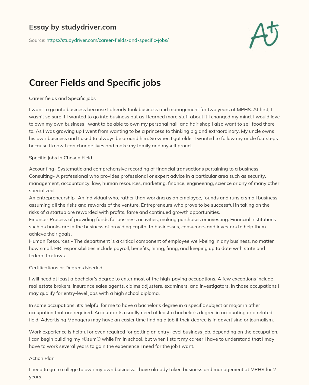 Career Fields and Specific Jobs essay