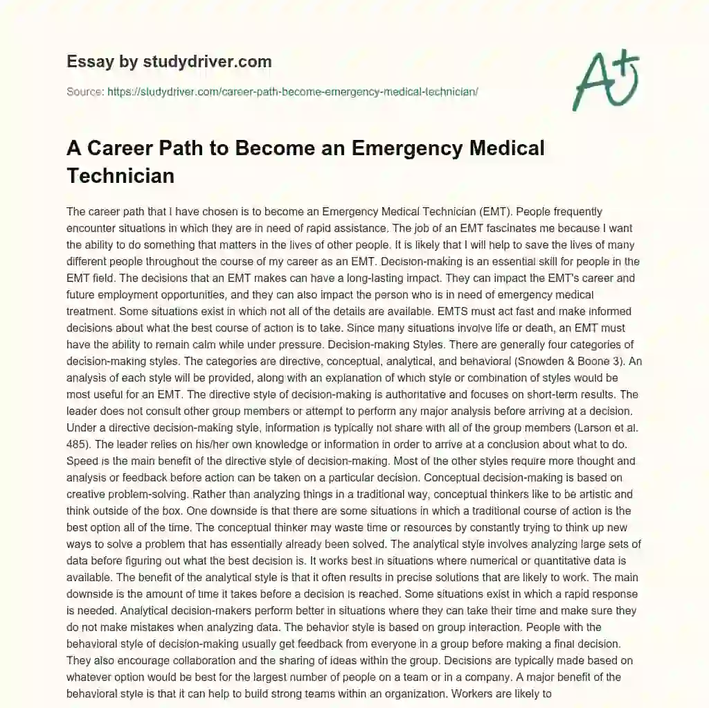 A Career Path to Become an Emergency Medical Technician essay