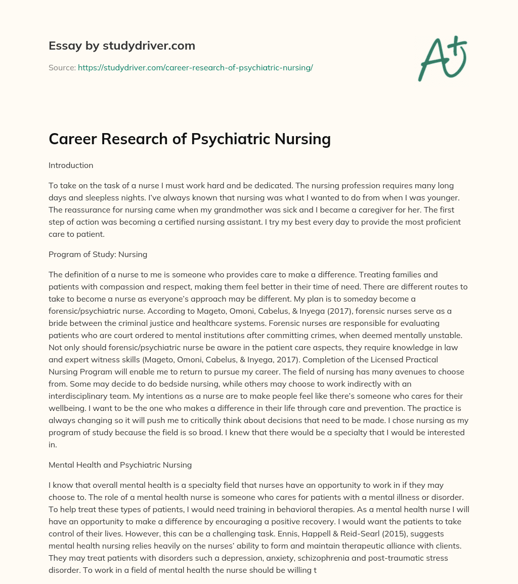 Career Research of Psychiatric Nursing essay