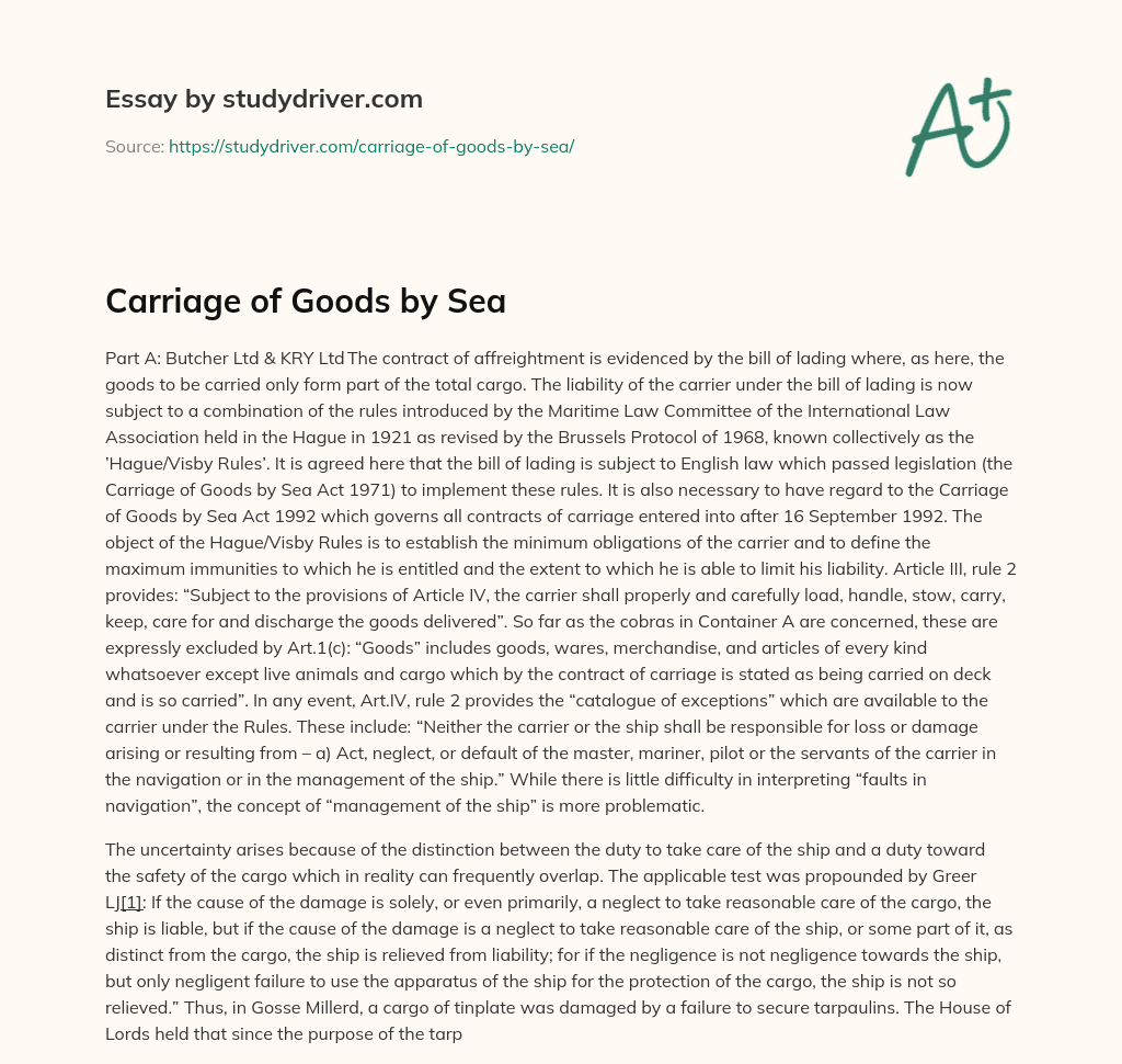 Carriage of Goods by Sea essay