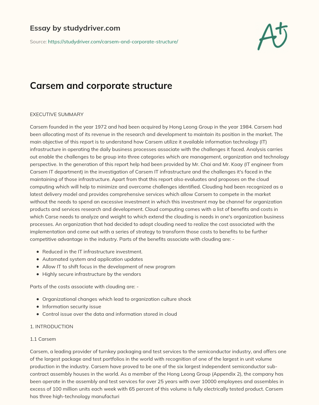 Carsem and Corporate Structure essay