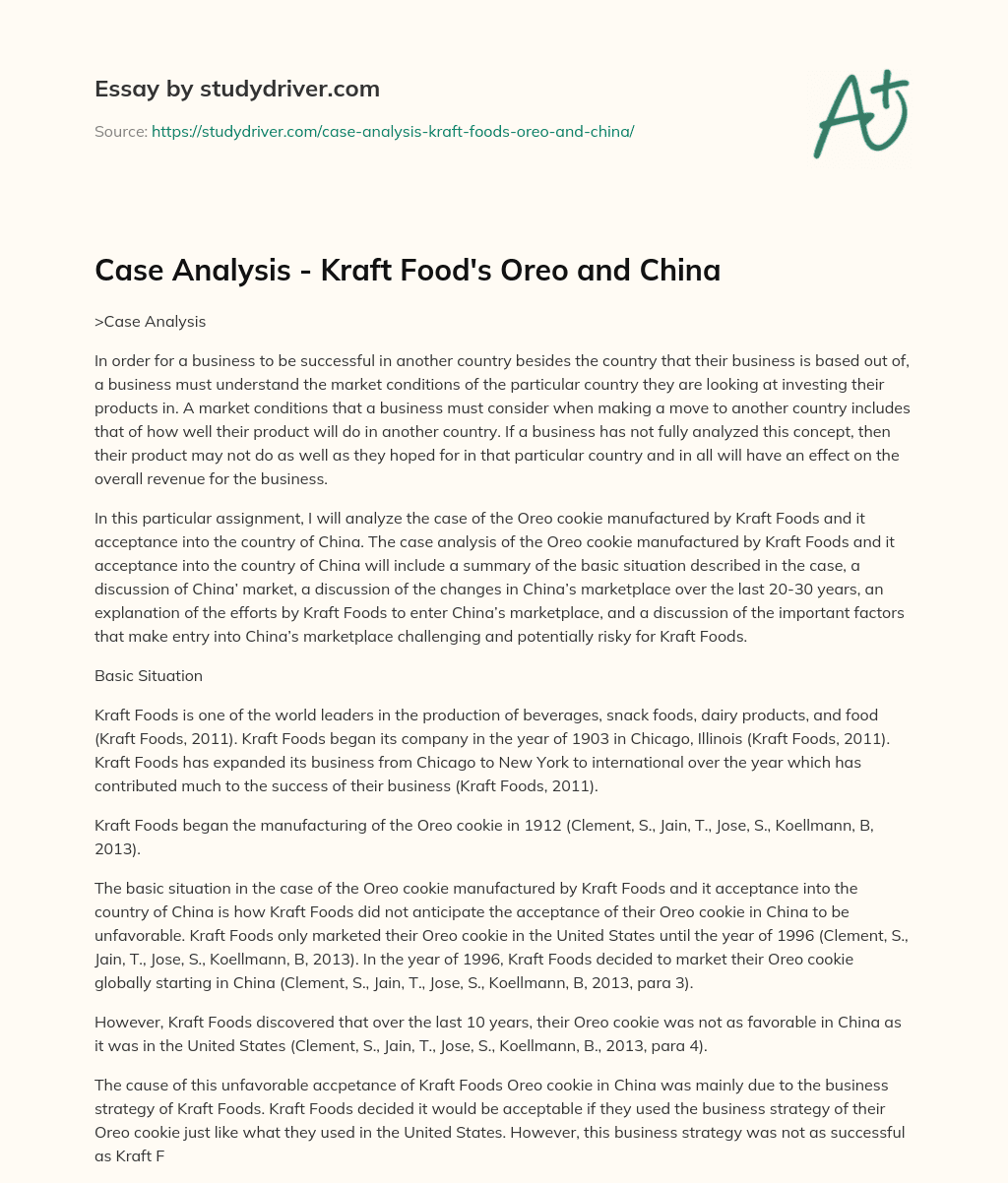 Case Analysis – Kraft Food’s Oreo and China essay