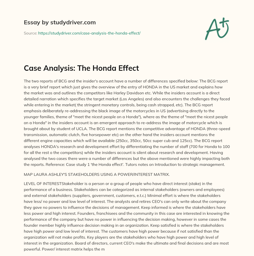 Case Analysis: the Honda Effect essay