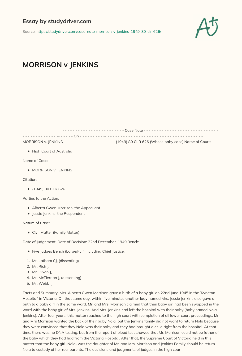 MORRISON V JENKINS essay