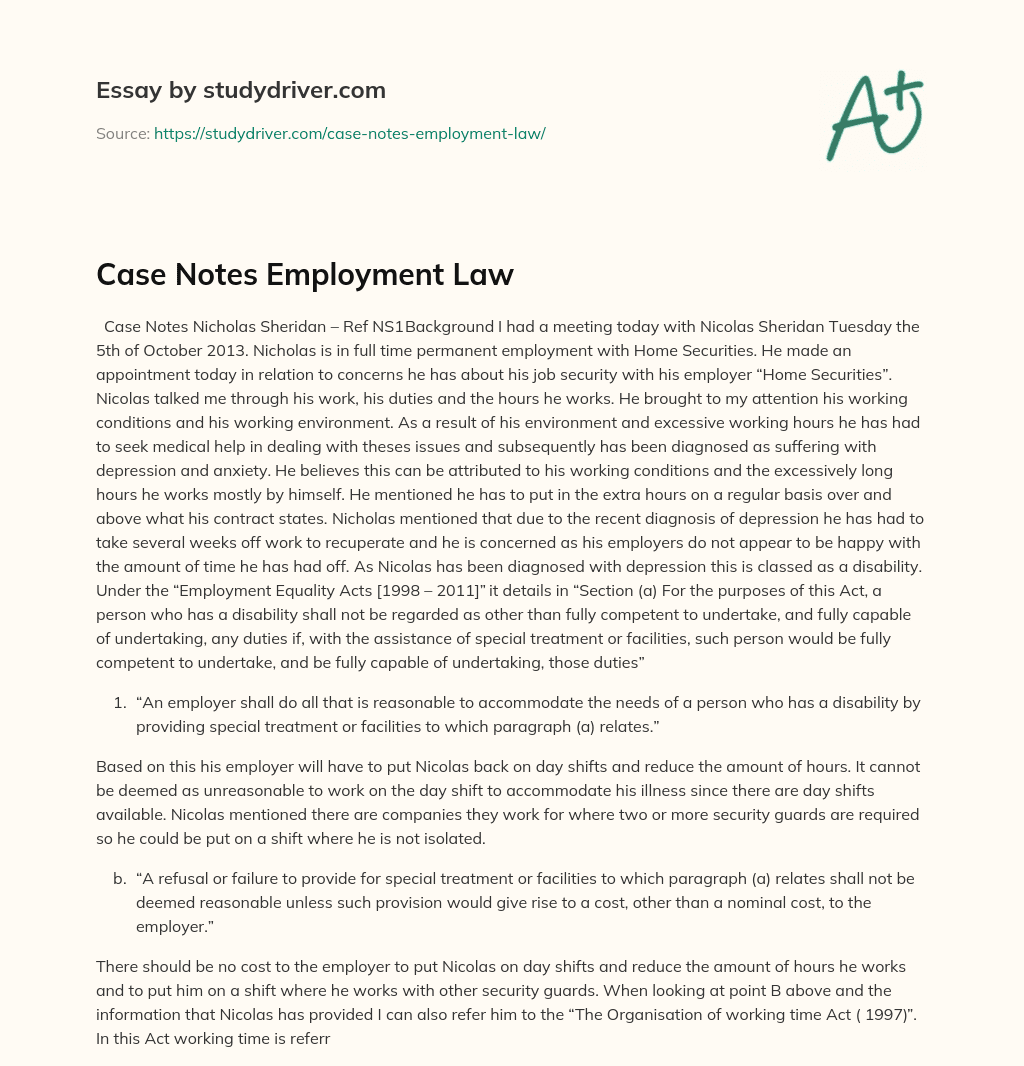Case Notes Employment Law essay