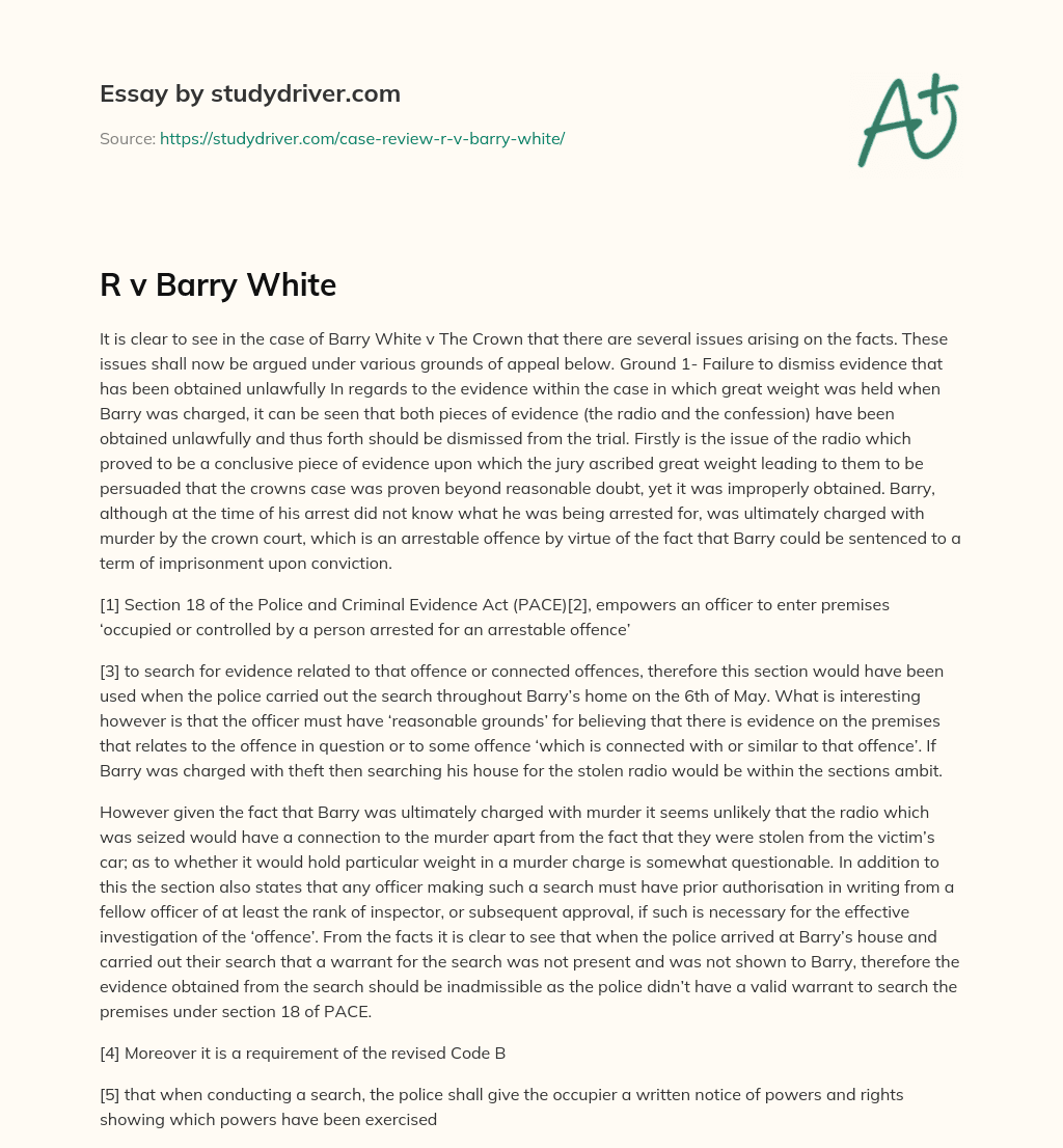 R V Barry White essay