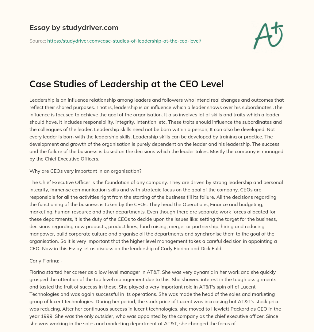 Case Studies of Leadership at the CEO Level essay