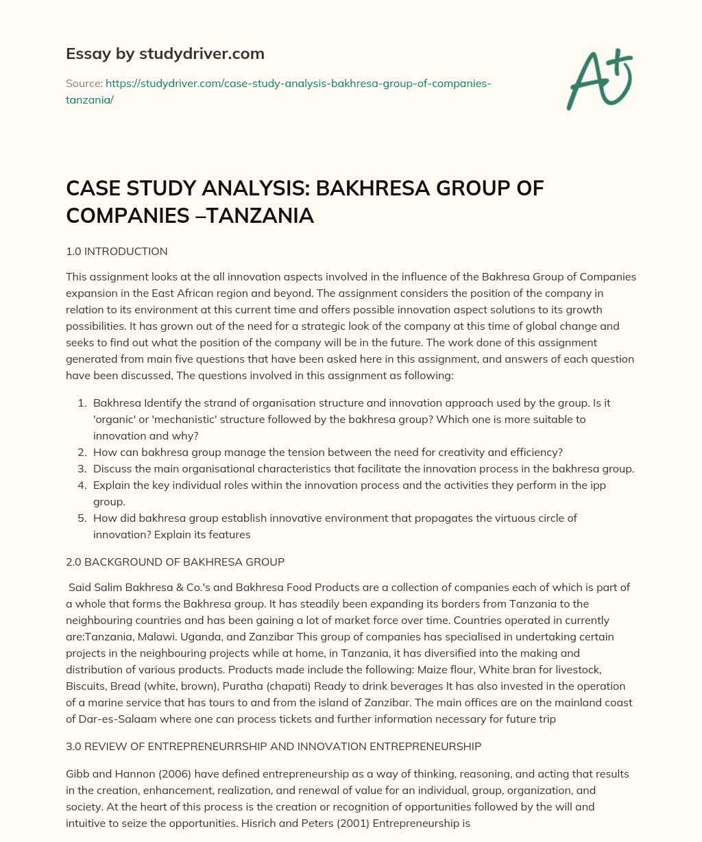 CASE STUDY ANALYSIS: BAKHRESA GROUP of COMPANIES –TANZANIA essay