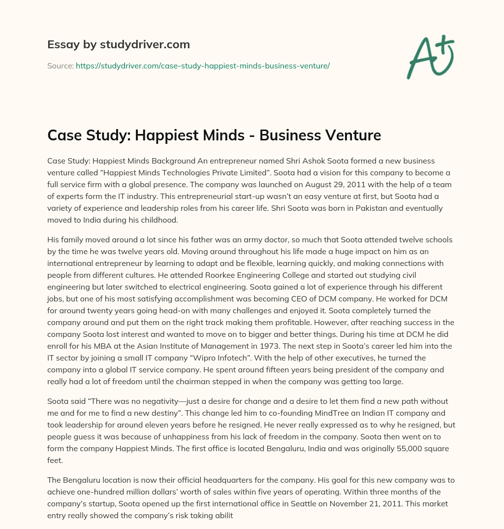 Case Study: Happiest Minds – Business Venture essay