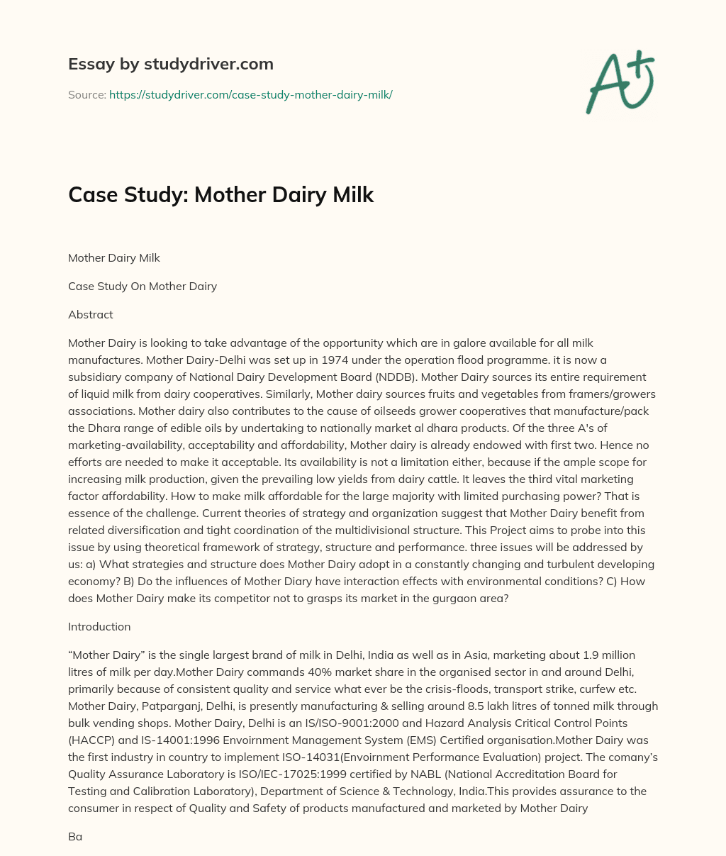 Case Study: Mother Dairy Milk essay
